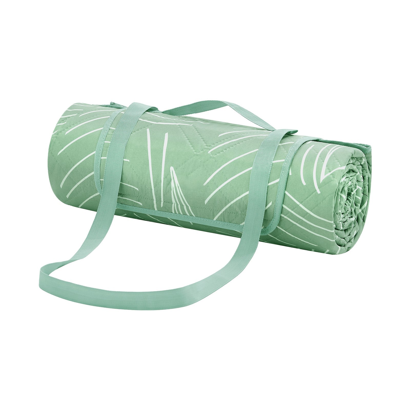 Picnic Blanket - Pongee Fabric Surface and Sponge Padding - Mint Green With Leaf Pattern - with 4 Ground Pegs