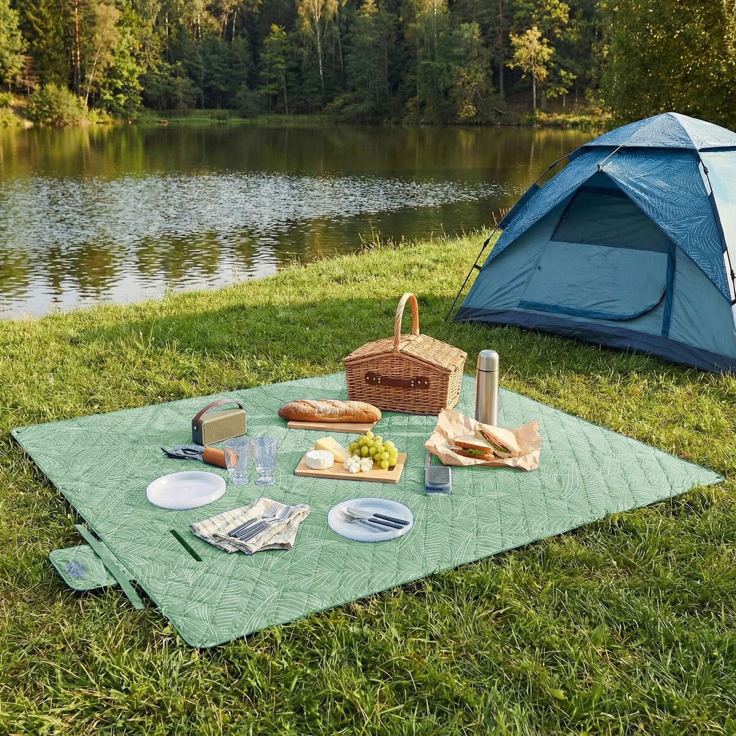 Picnic Blanket - Pongee Fabric Surface and Sponge Padding - Mint Green With Leaf Pattern - with 4 Ground Pegs