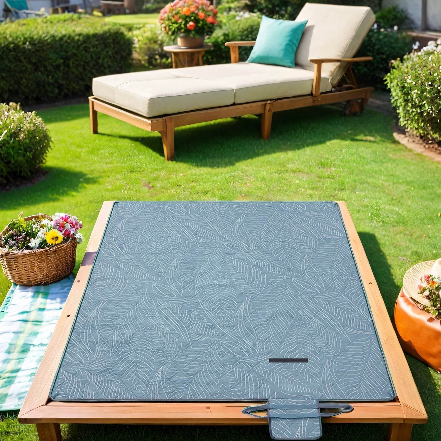 Picnic Blanket - Khaki with Leaf Pattern - Waterproof