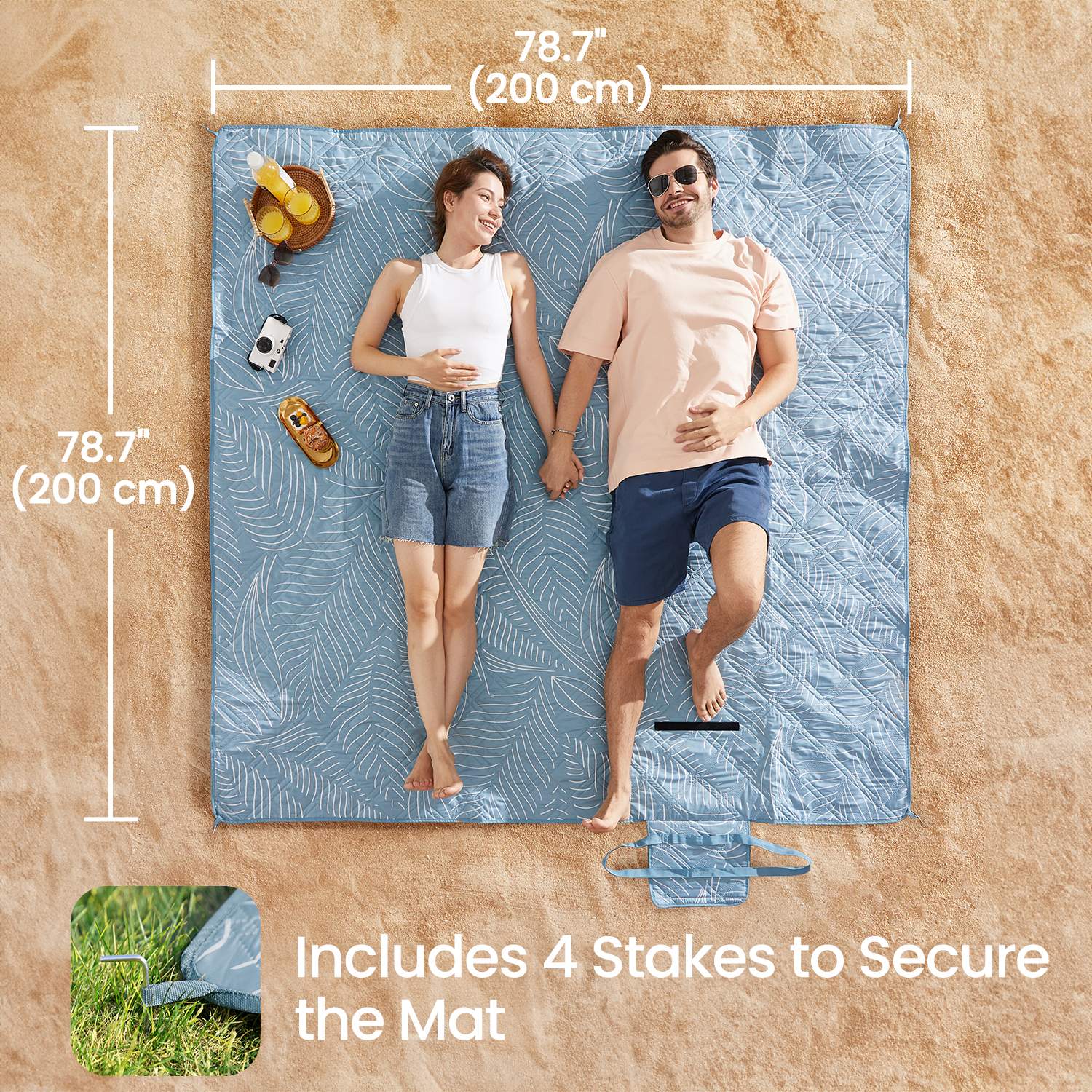 Picnic Blanket - Khaki with Leaf Pattern - Waterproof