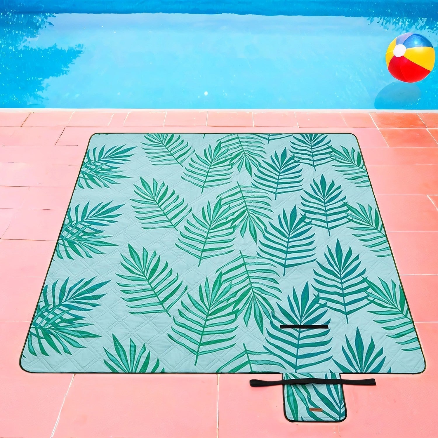Large Waterproof Picnic Blanket - Fabric - Fern Pattern and Blue - Machine Washable