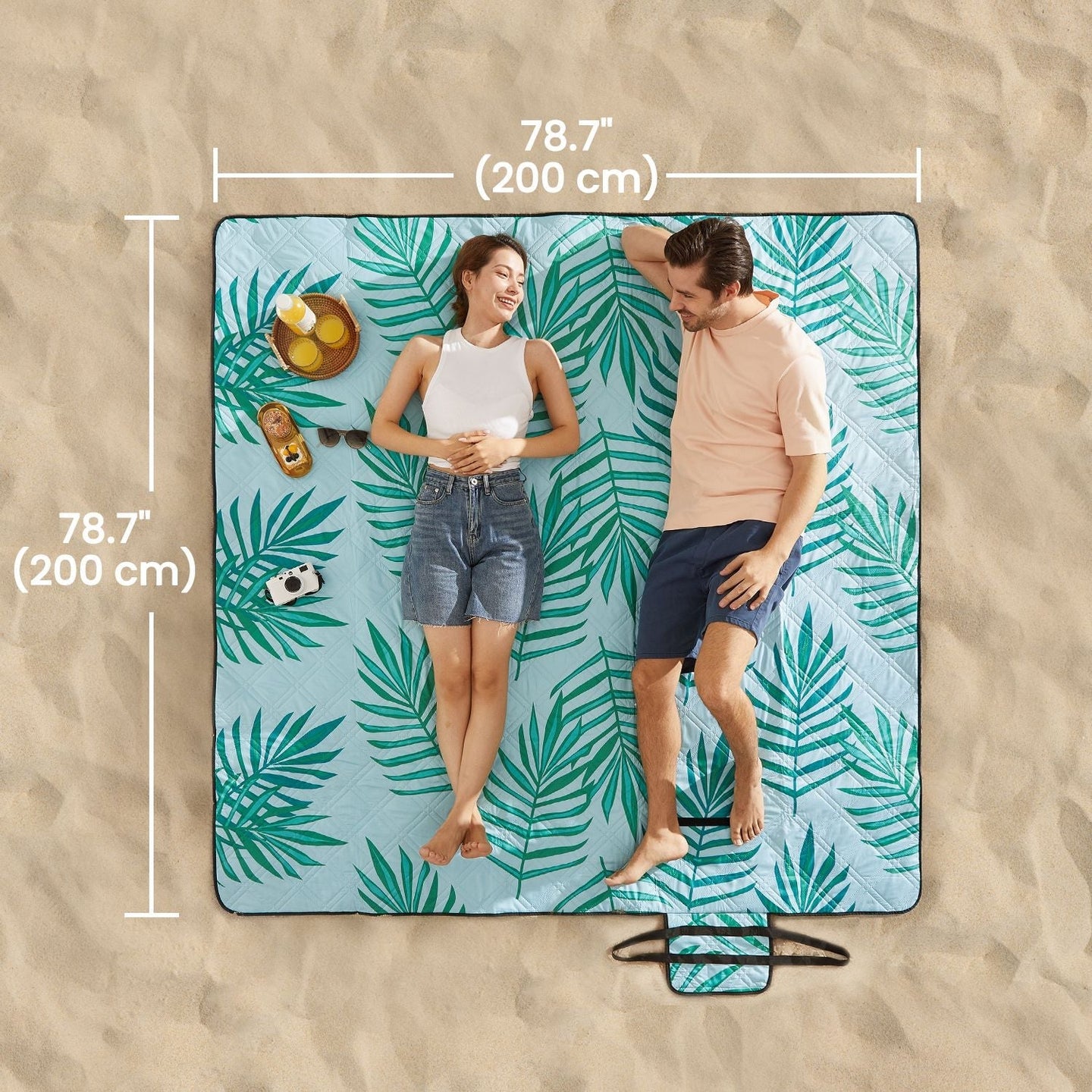 Large Waterproof Picnic Blanket - Fabric - Fern Pattern and Blue - Machine Washable