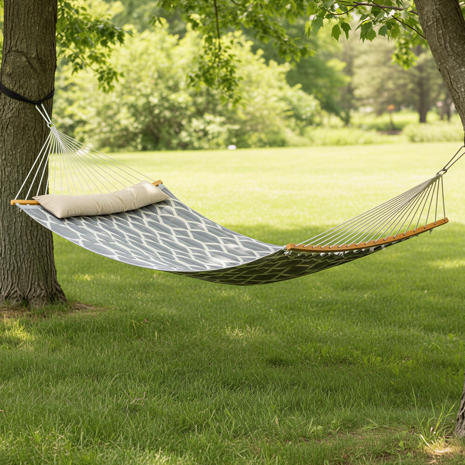 Quilted Hammock - 200x140 - Polyester Fabric - Curved Bamboo Spreaders