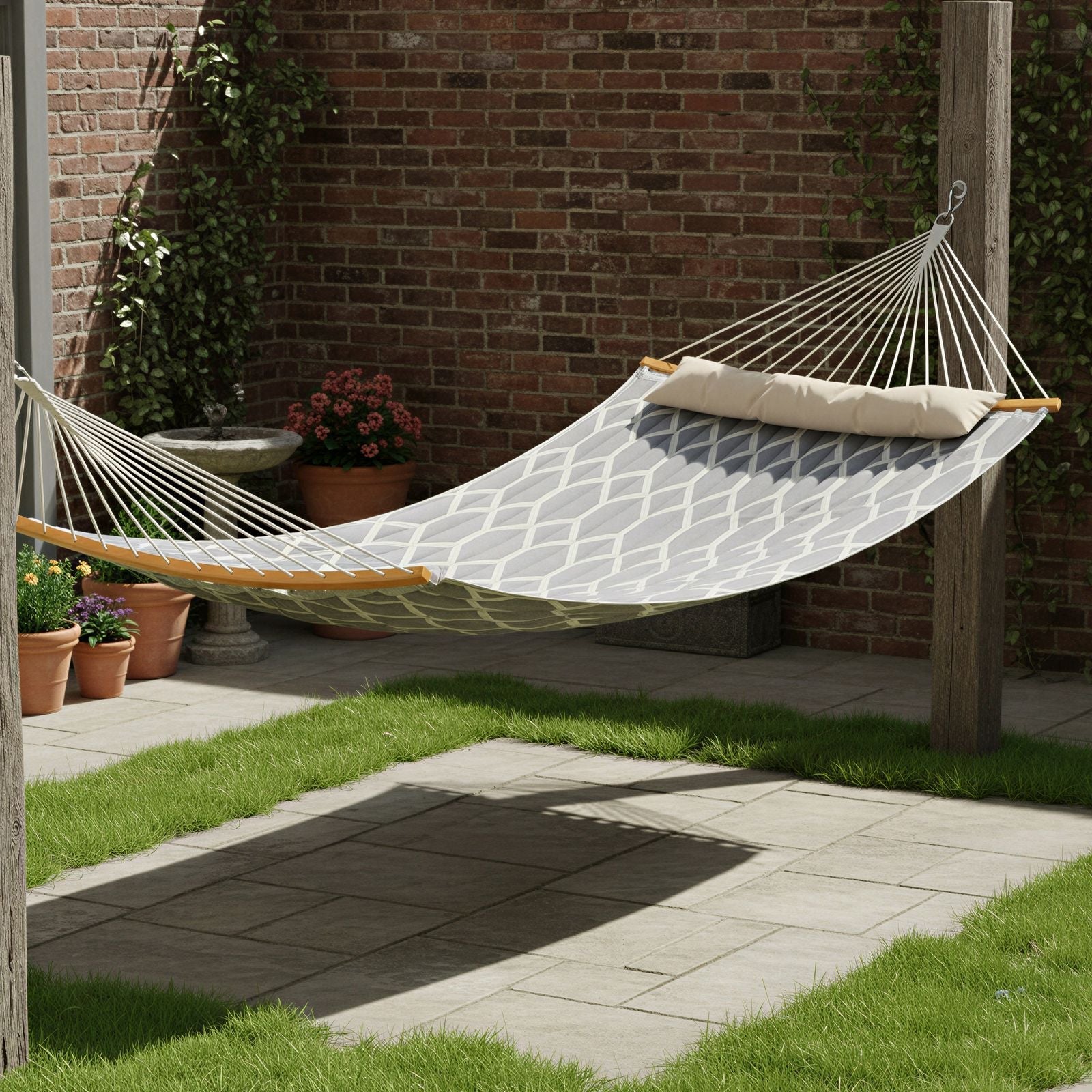 Quilted Hammock - 200x140 - Polyester Fabric - Curved Bamboo Spreaders