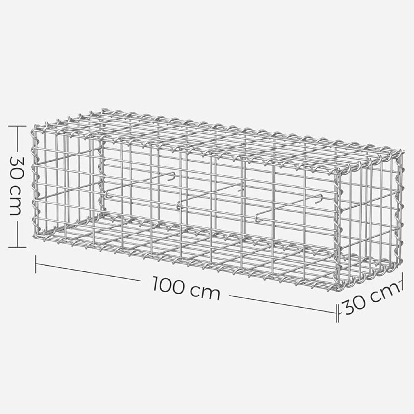 Gabion Cage - Galvanized Metal - Silver - 100 x 30 x 30 cm with 10 x 5 cm Mesh