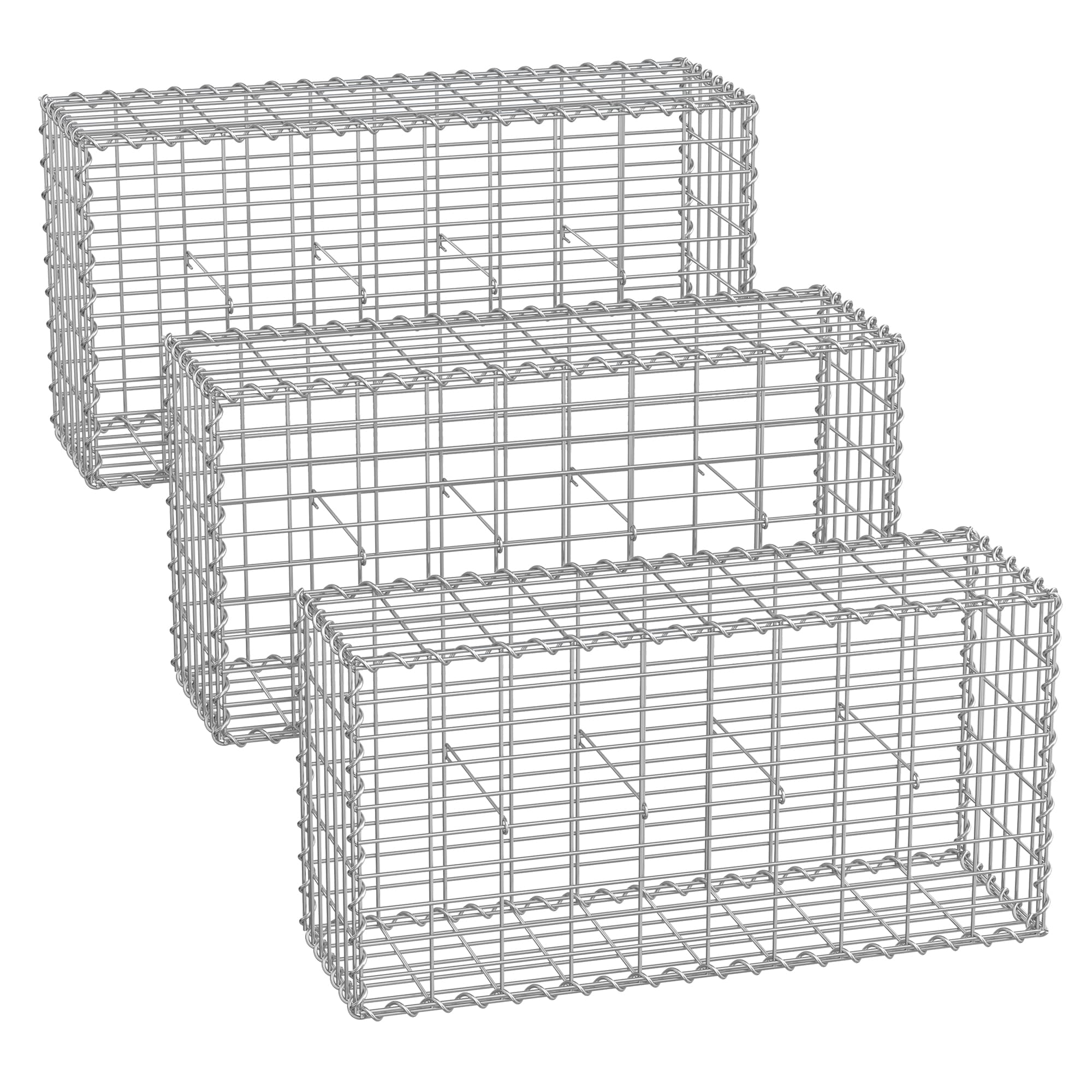 Gabion Basket - Metal - Silver - Set of 3 with Mesh for Garden Wall Partition