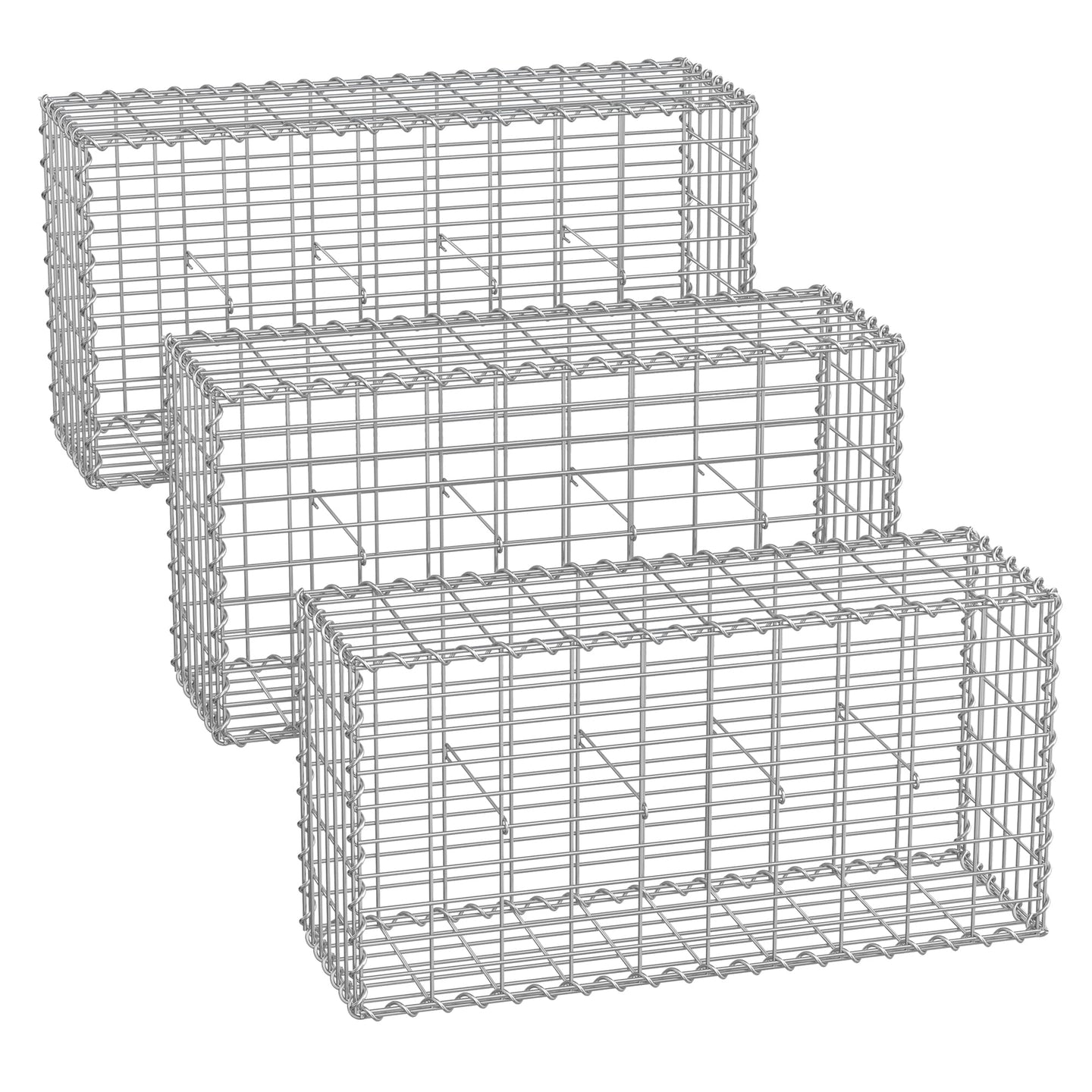 Gabion Basket - Metal - Silver - Set of 3 with Mesh for Garden Wall Partition
