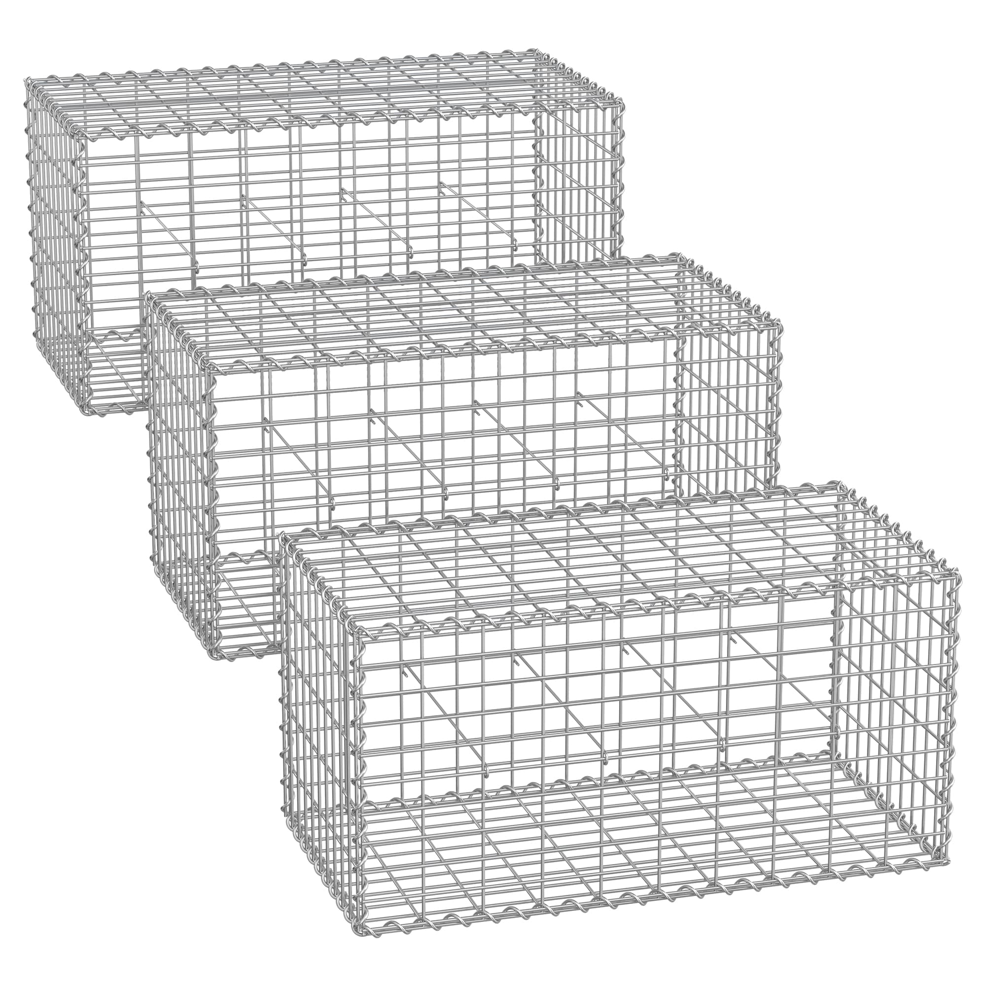 Metal Gabion Cage Basket - Galvanized Steel - Silver - Set of 3 with 5 x 10 cm Mesh for Garden Fence Wall Partition