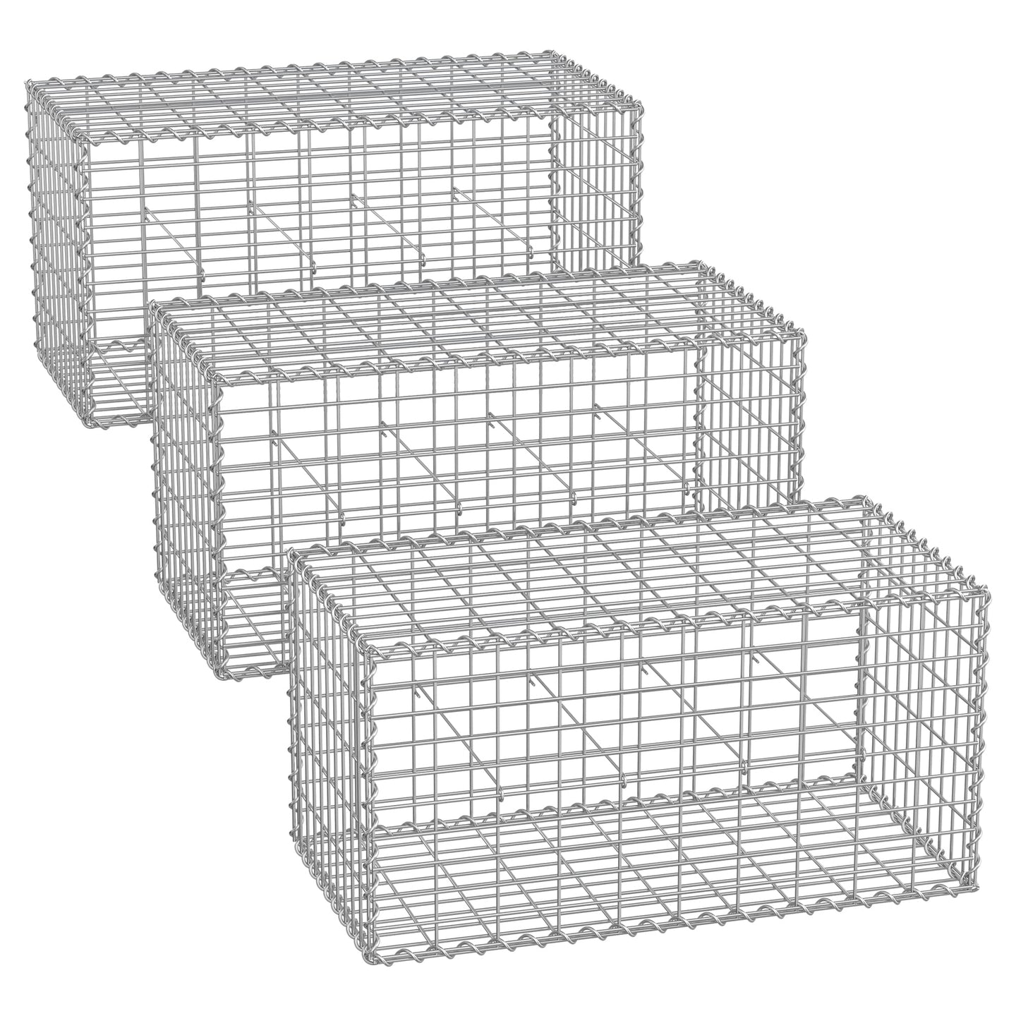 Metal Gabion Cage Basket - Galvanized Steel - Silver - Set of 3 with 5 x 10 cm Mesh for Garden Fence Wall Partition