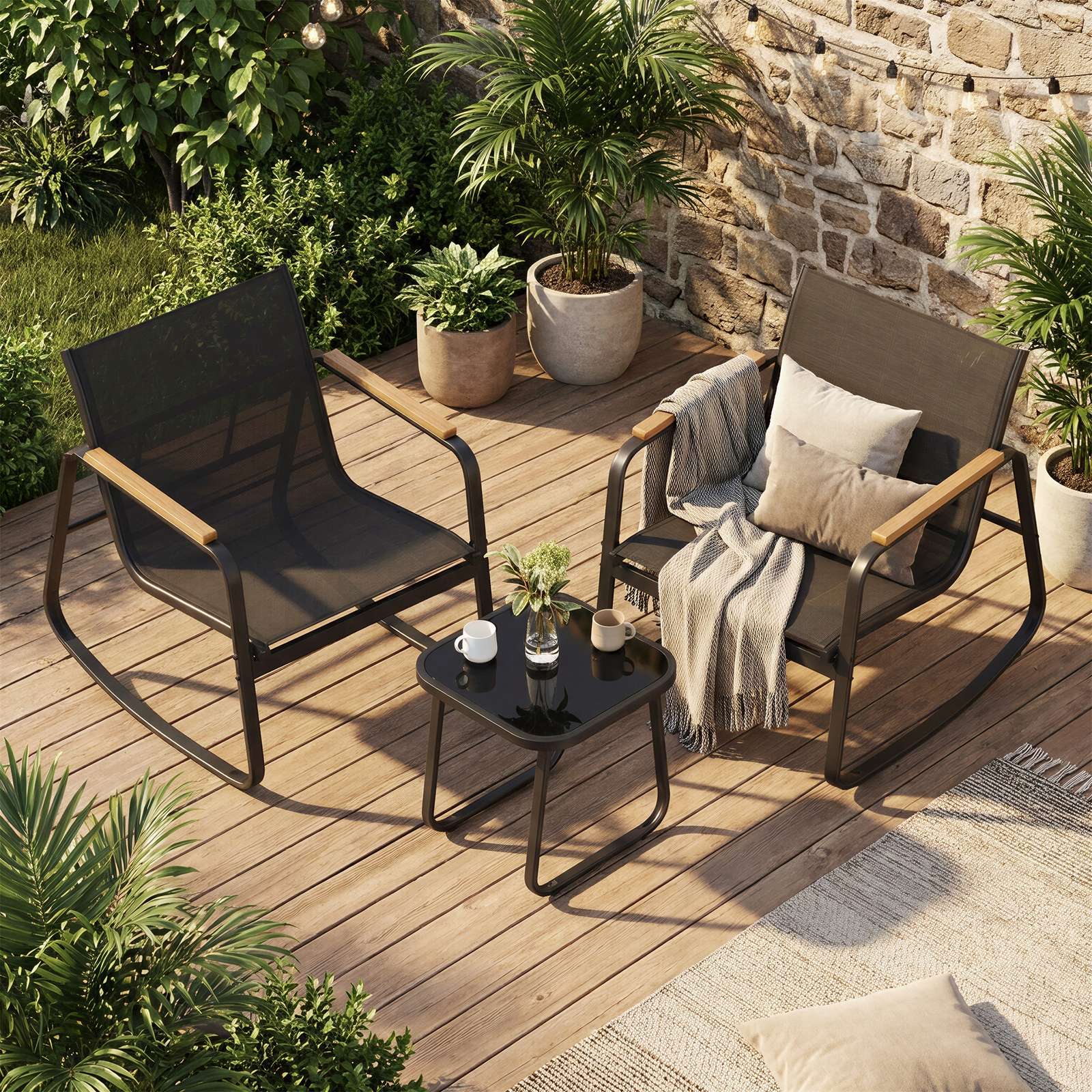3-Piece Outdoor Conversation Set - 30L - Steel - Rocking Chairs