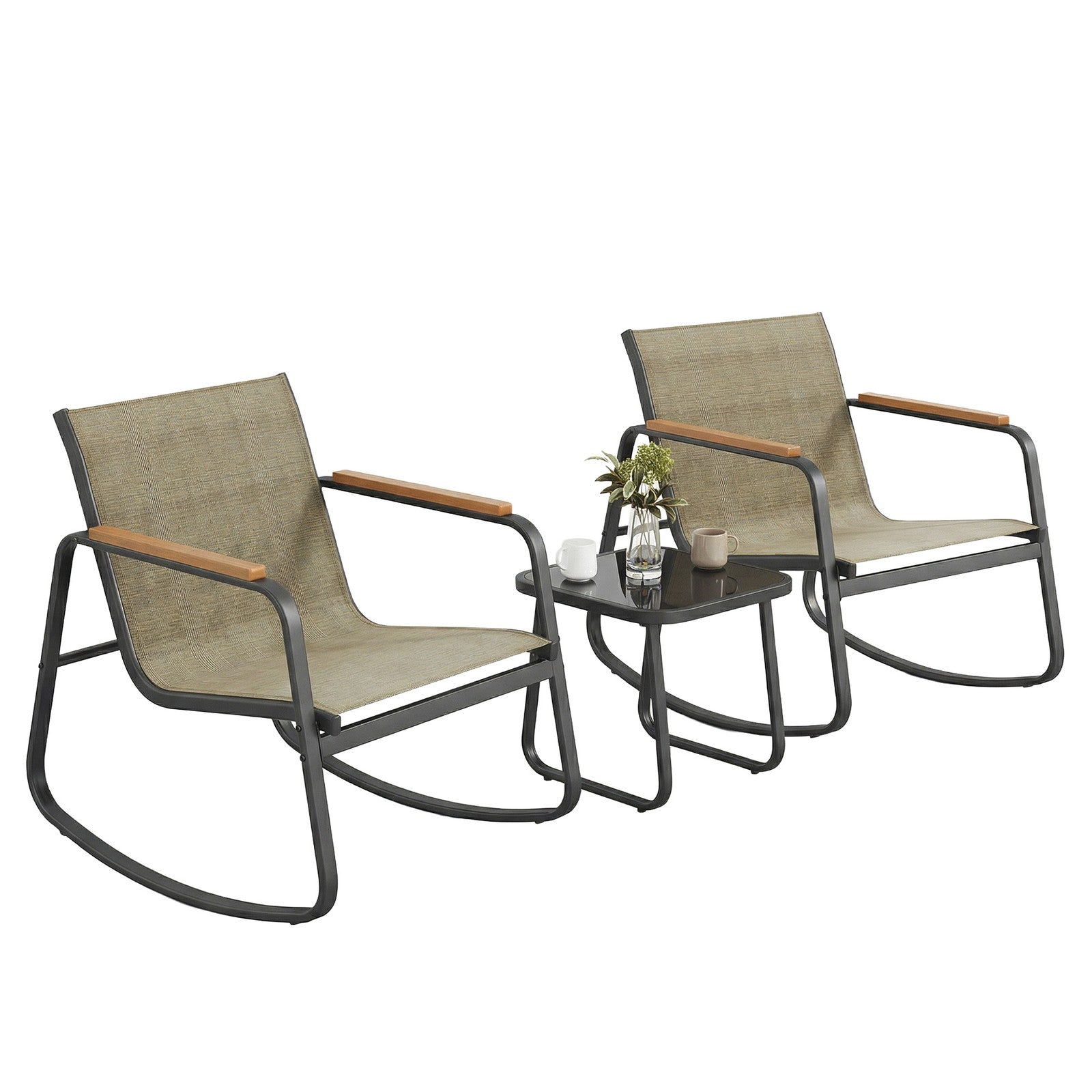 Outdoor Rocking Chair Set - 2 Chairs & Table - Steel - Breathable Fabric