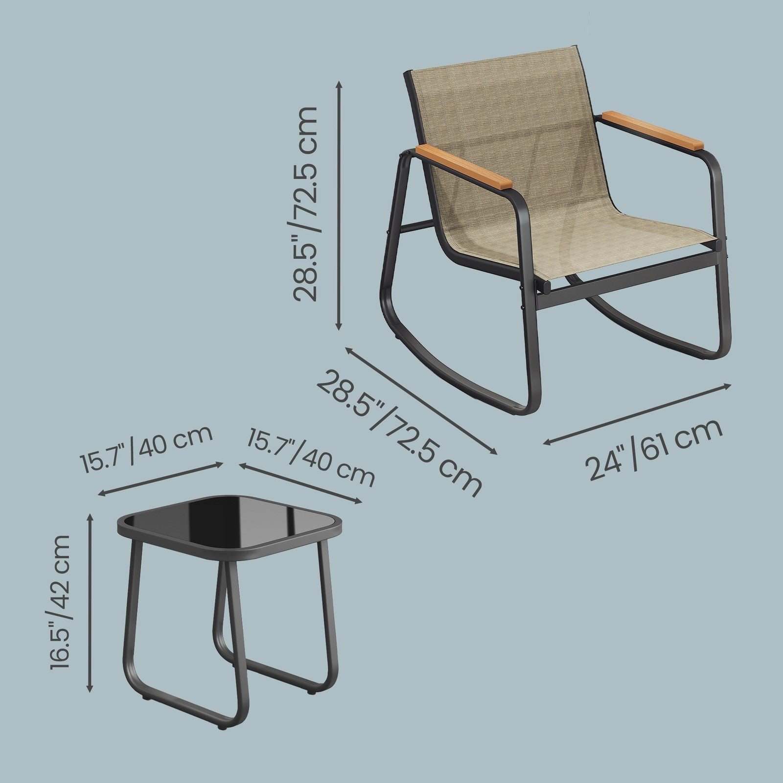 Outdoor Rocking Chair Set - 2 Chairs & Table - Steel - Breathable Fabric