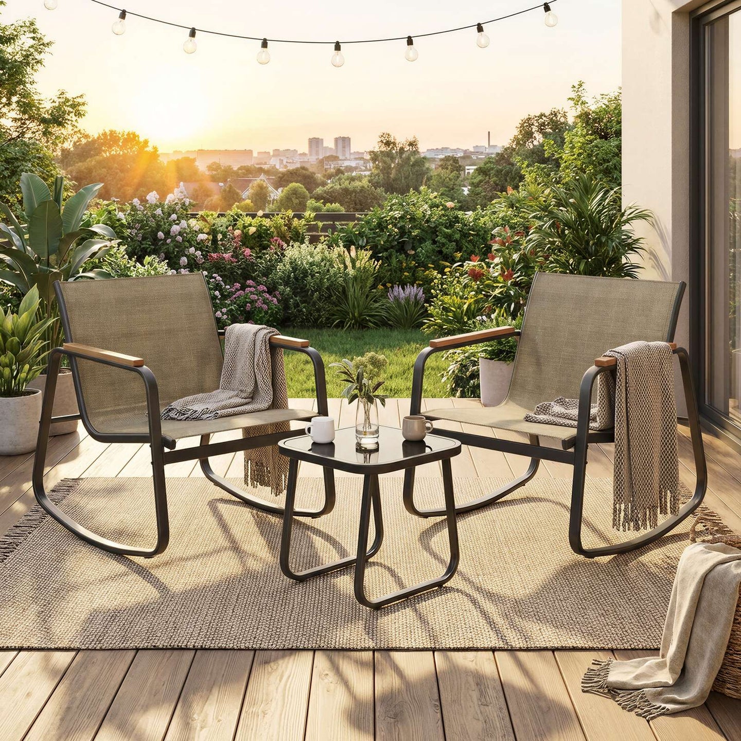 Outdoor Rocking Chair Set - 2 Chairs & Table - Steel - Breathable Fabric