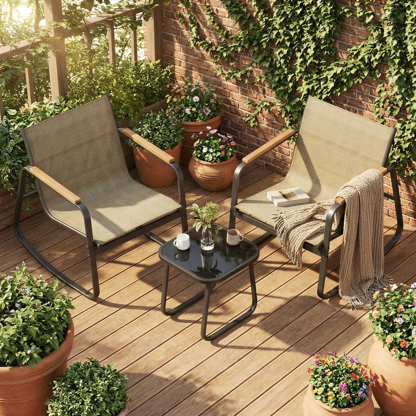 Outdoor Rocking Chair Set - 2 Chairs & Table - Steel - Breathable Fabric