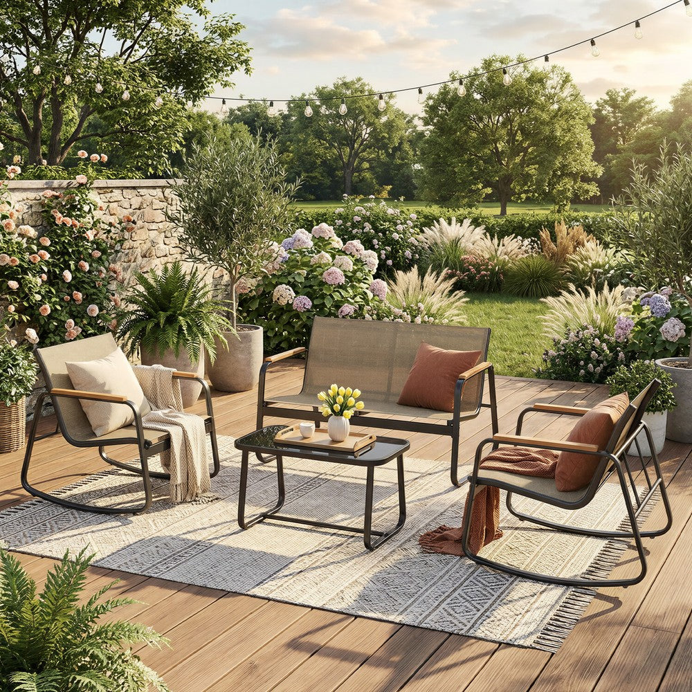 Outdoor Patio Set - Steel - 2 Rocking Chairs and Loveseat