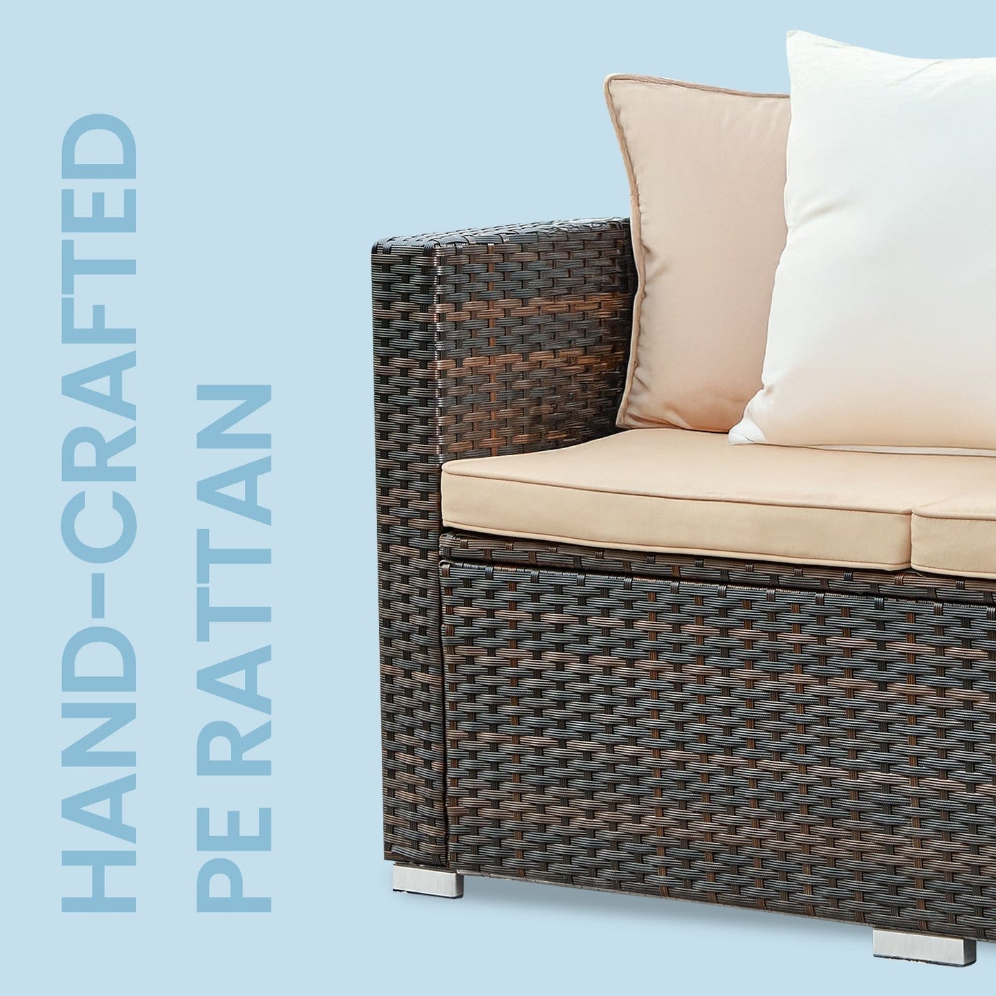 Garden Furniture Set - Handwoven PE Rattan - Brown and Taupe - Outdoor Sofa with Glass Table and Cushions