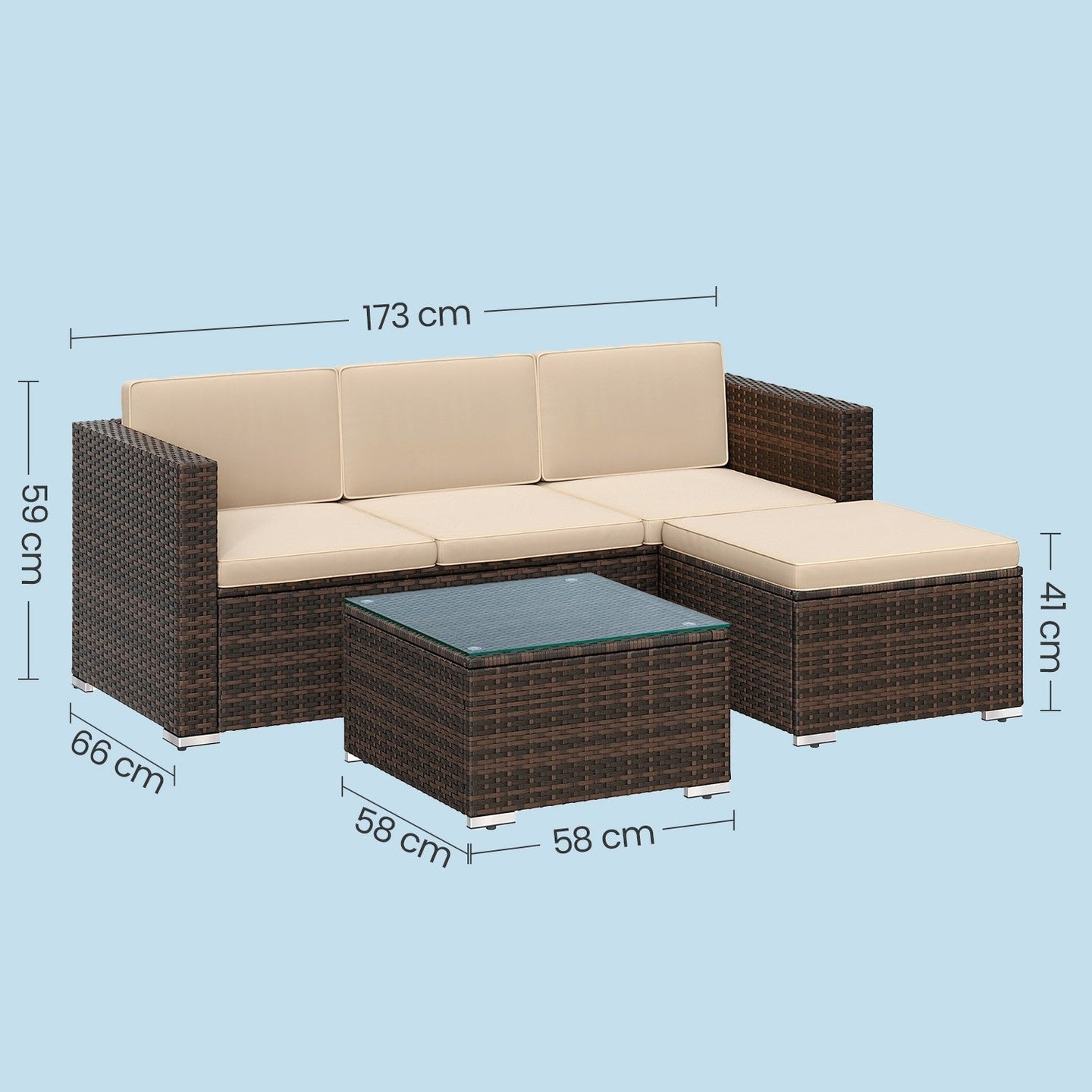 Garden Furniture Set - Handwoven PE Rattan - Brown and Taupe - Outdoor Sofa with Glass Table and Cushions