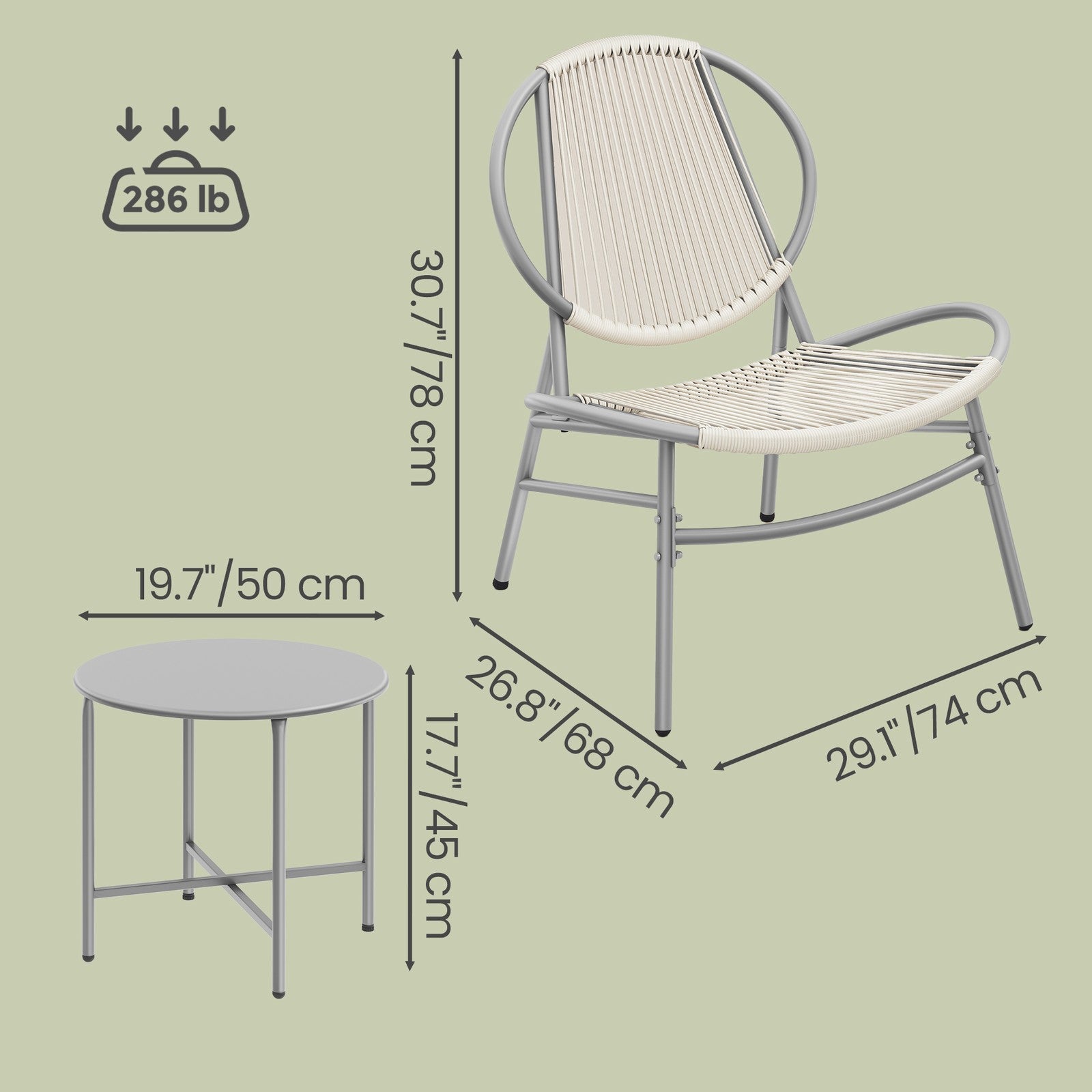 3-Piece Patio Bistro Furniture Set - PE and Steel - Dove Grey