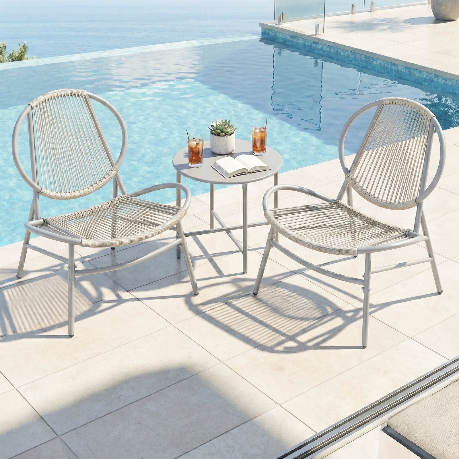 3-Piece Patio Bistro Furniture Set - PE and Steel - Dove Grey