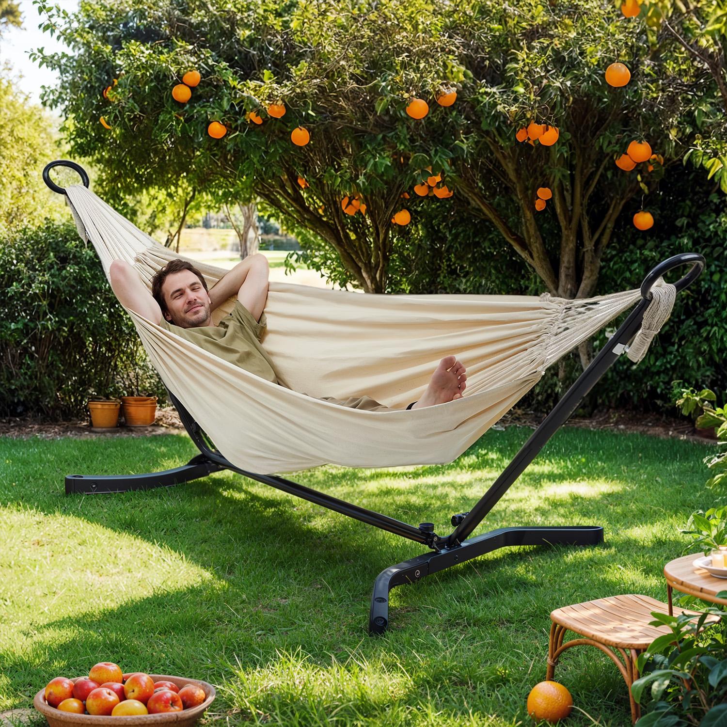 Double Hammock with Stand - 529 lb Load Capacity - Fabric - Black and Beige