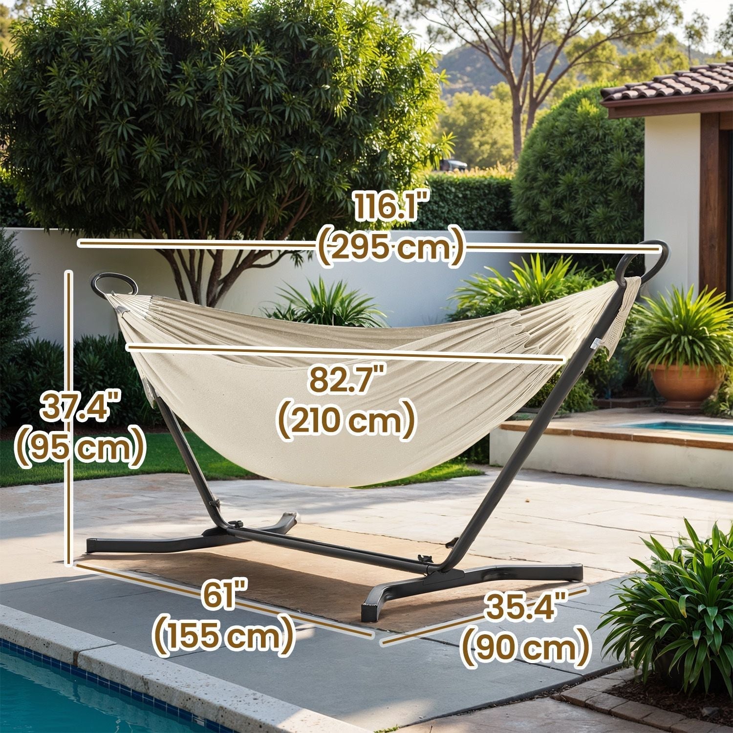 Double Hammock with Stand - 529 lb Load Capacity - Fabric - Black and Beige