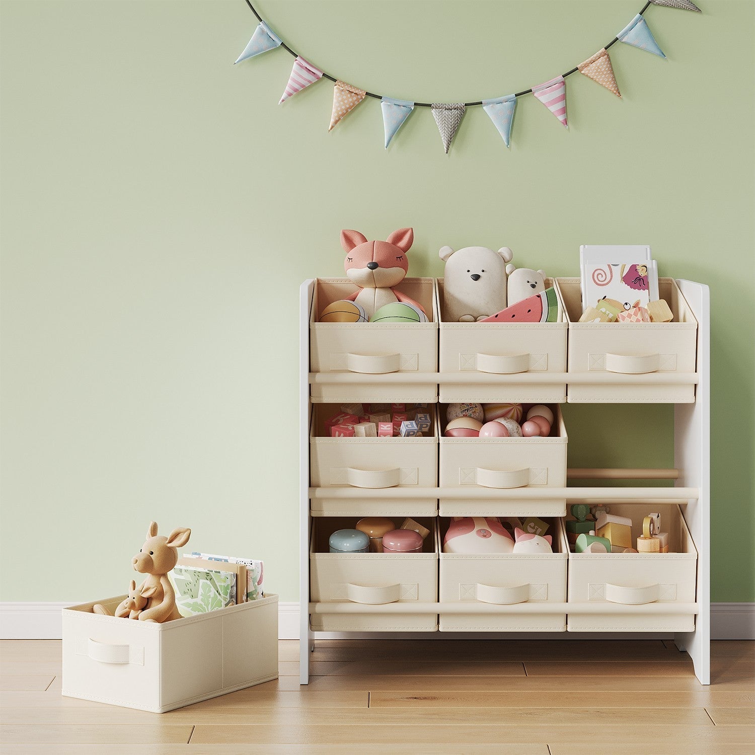 Toy Organiser - Non-Woven Fabric - Cloud White - Spacious Design with 9 Storage Boxes
