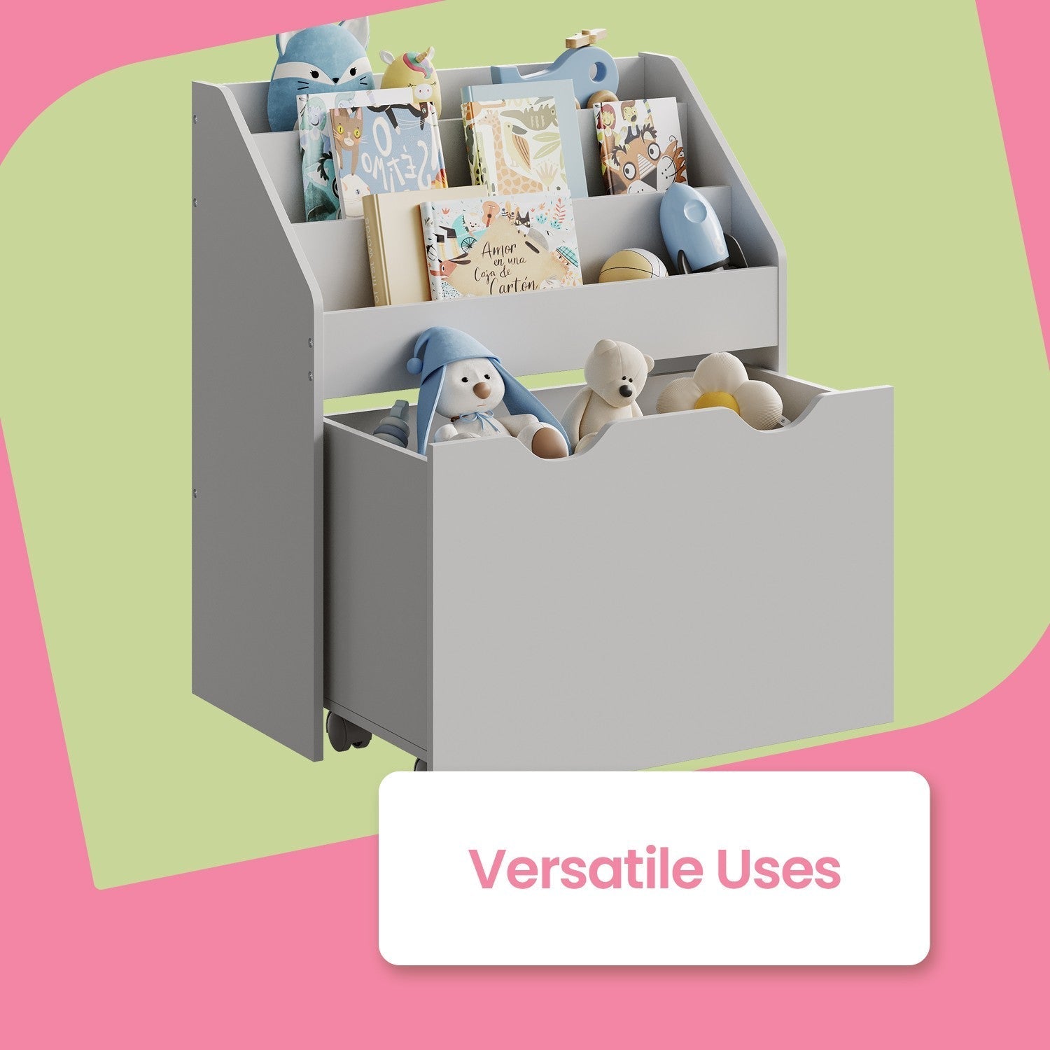 Toy Storage Rack - Wood - Multicolor - 3 Shelves with Wheels for Children's Room and Playroom