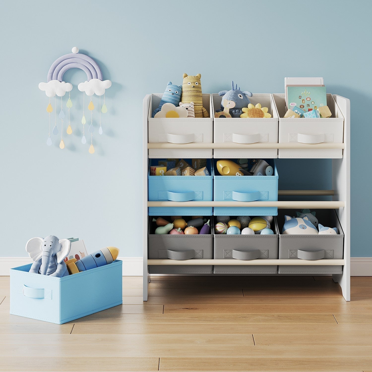 Toy Organiser - Non-Woven Fabric - Cloud White with Pattern - Spacious Design with 9 Storage Boxes