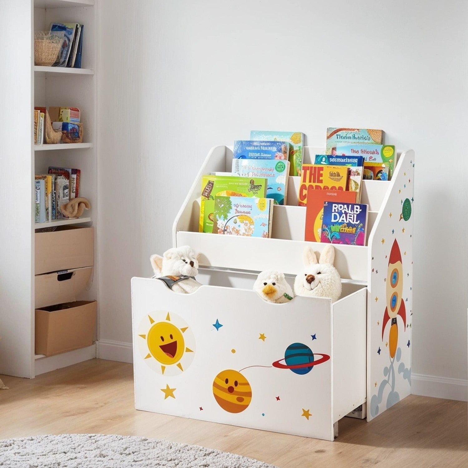 Toy Storage Rack - Wood - White - 3 Shelves with Removable Storage Box and Wheels