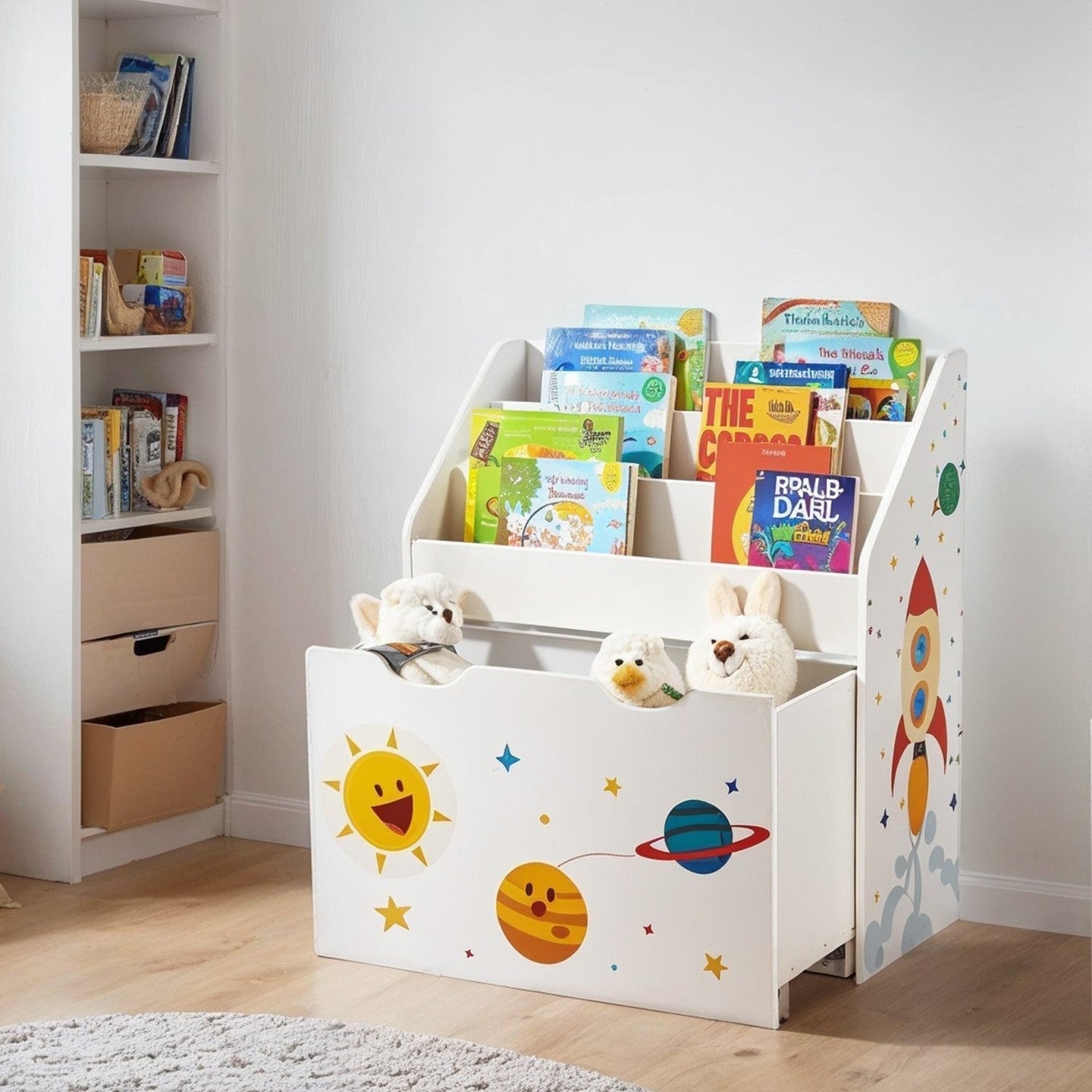 Toy Storage Rack - Wood - White - 3 Shelves with Removable Storage Box and Wheels