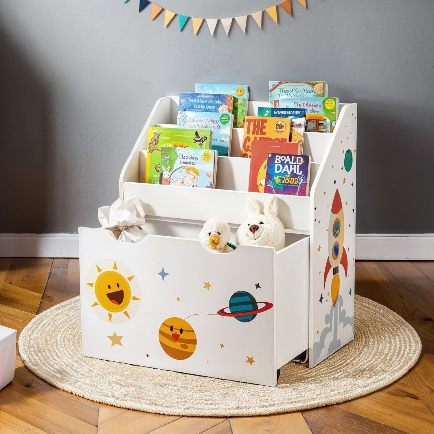 Toy Storage Rack - Wood - White - 3 Shelves with Removable Storage Box and Wheels