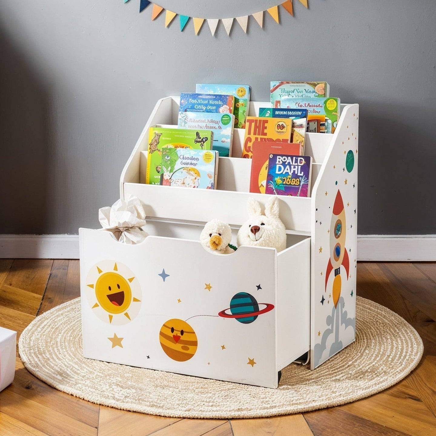 Toy Storage Rack - Wood - White - 3 Shelves with Removable Storage Box and Wheels