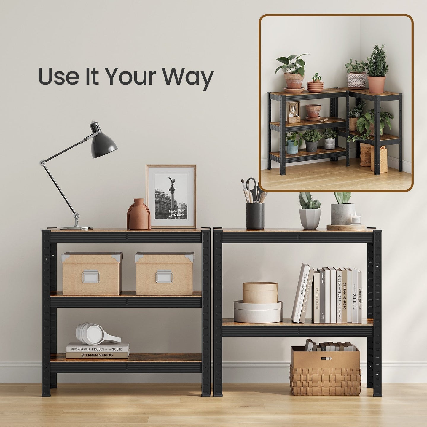 5-Tier Storage Shelving Unit - Metal - Brown and Black - Adjustable Shelves