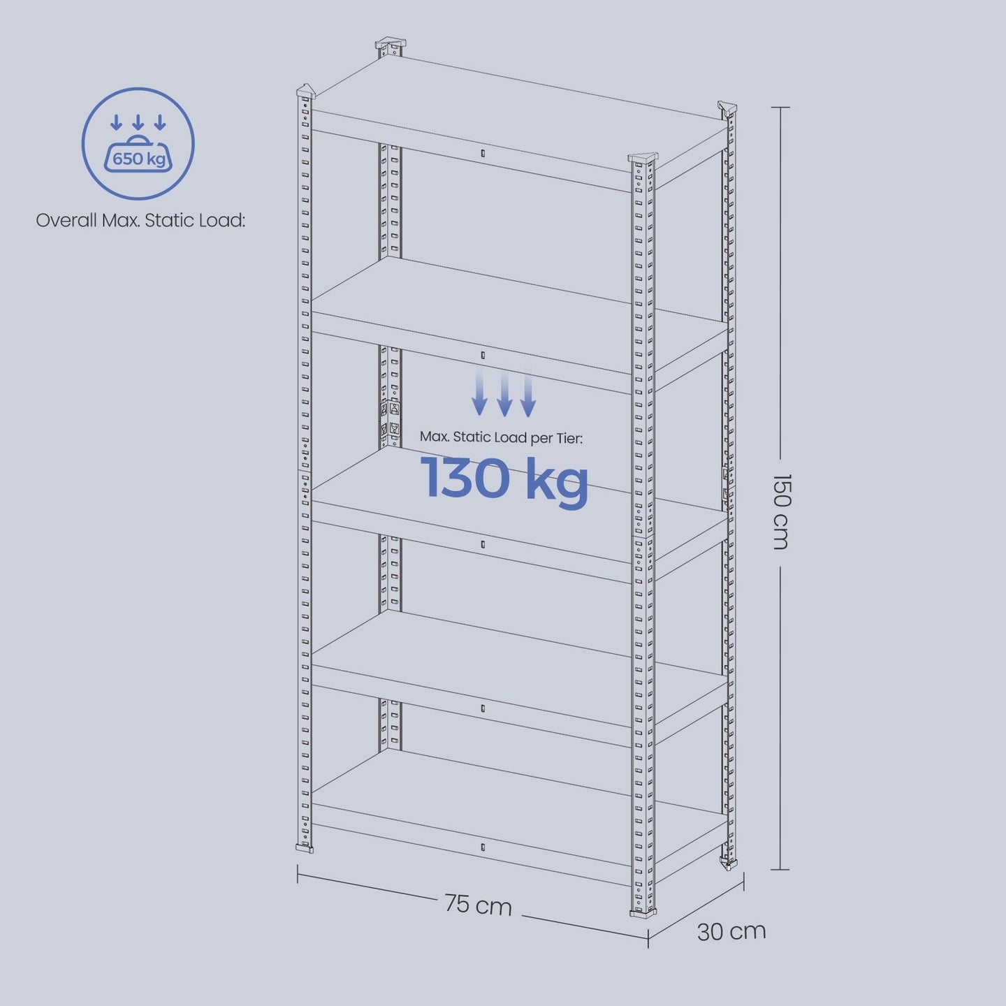 5-Tier Shelving Unit - Metal - Silver - Adjustable Shelves