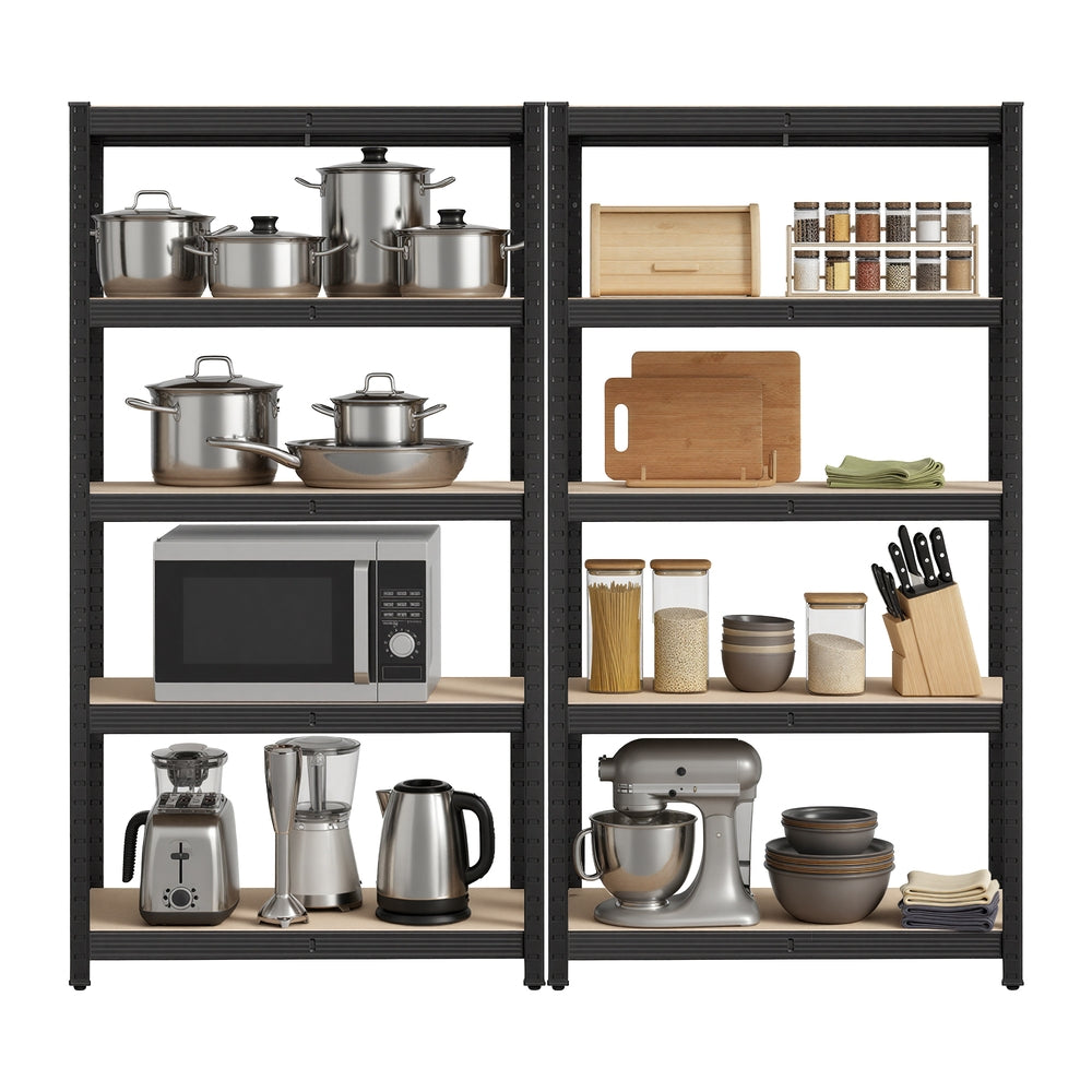 5-Tier Shelving Units Set of 2 - Power-Coated Steel Frame and MDF - Black