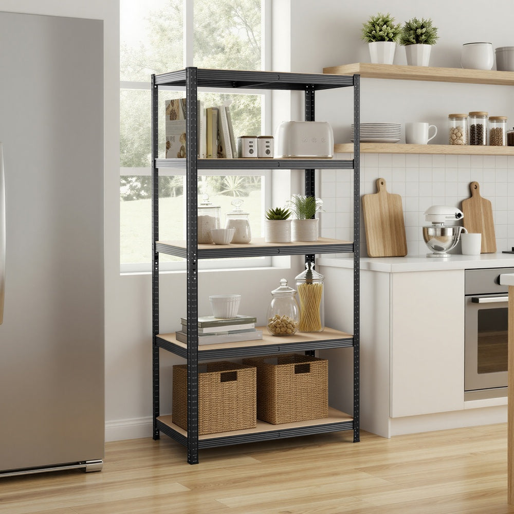 5-Tier Shelving Units Set of 2 - Power-Coated Steel Frame and MDF - Black
