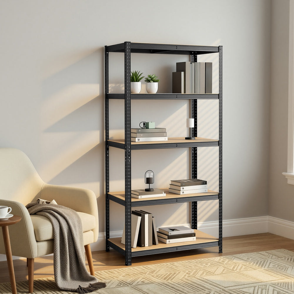 5-Tier Shelving Units Set of 2 - Power-Coated Steel Frame and MDF - Black