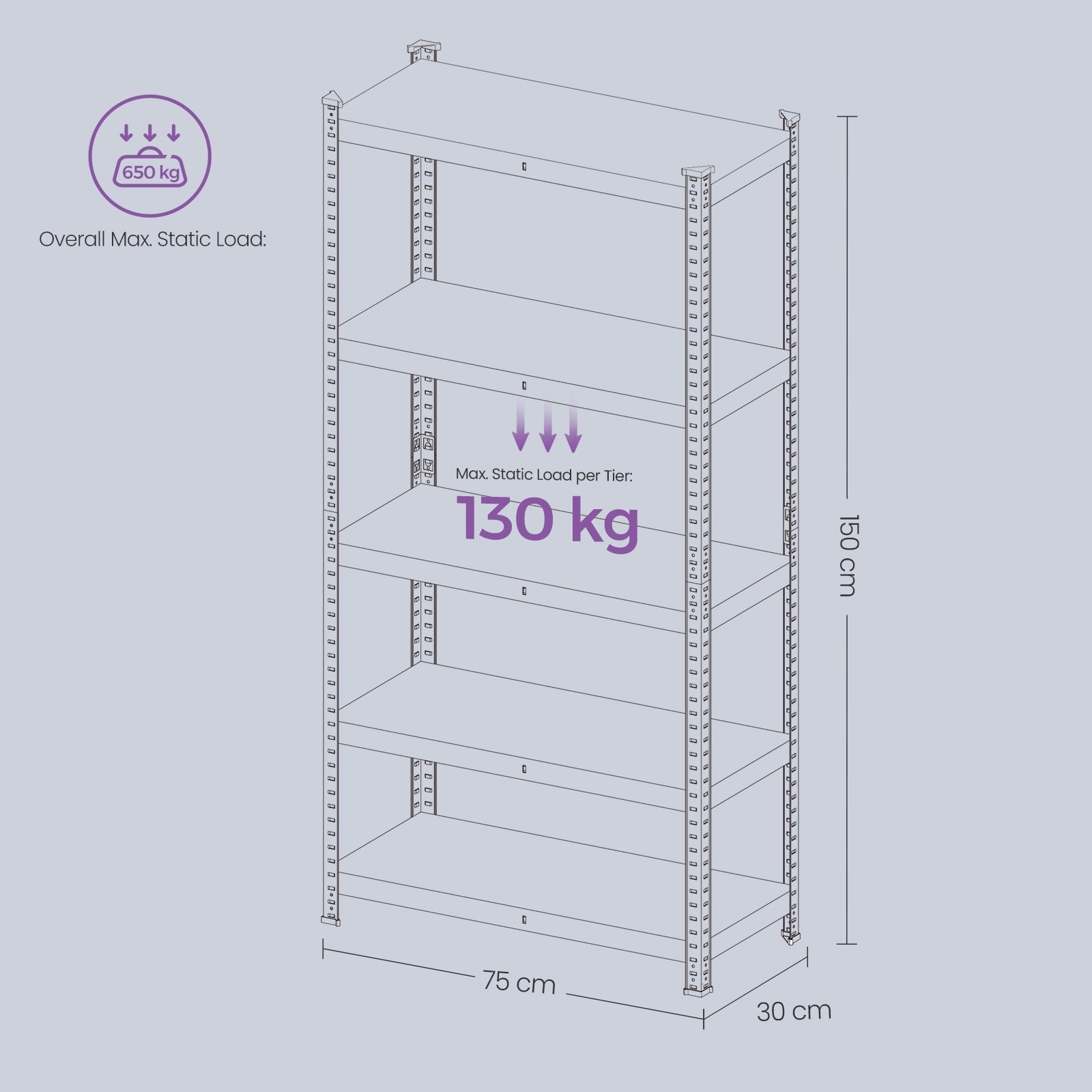 5-Tier Shelving Unit - Metal - Silver - Adjustable Shelves