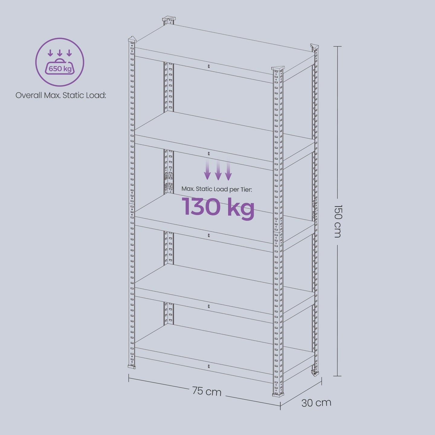 5-Tier Shelving Unit - Metal - Silver - Adjustable Shelves