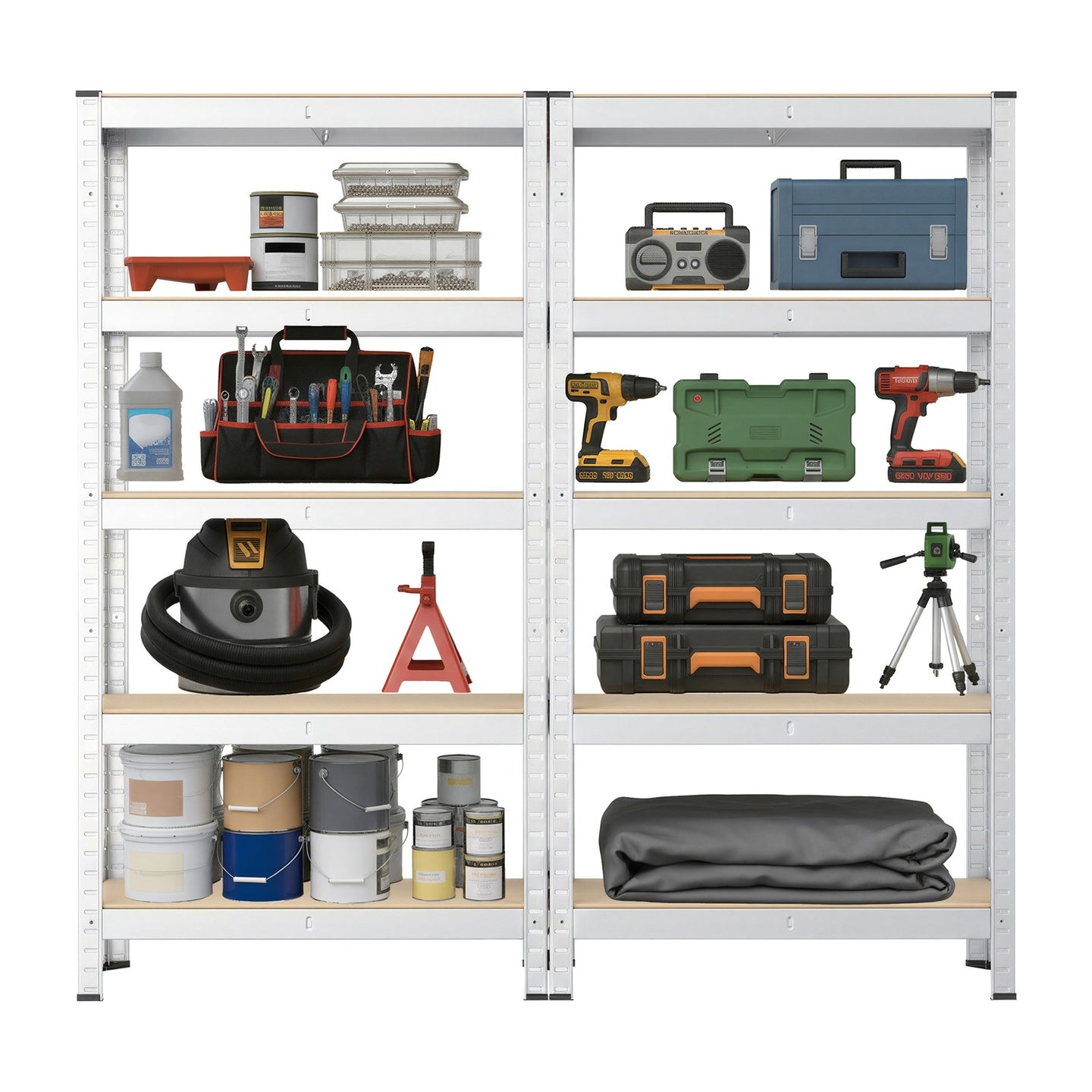 5-Tier Shelving Units Set of 2 - Power-Coated Steel Frame and MDF - Silver