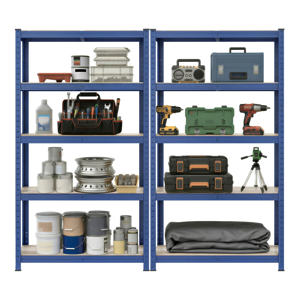 5-Tier Shelving Units Set of 2 - Power-Coated Steel Frame and MDF - Blue