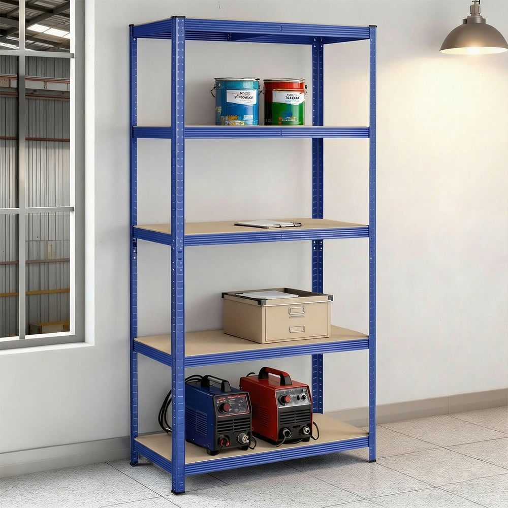 5-Tier Shelving Units Set of 2 - Power-Coated Steel Frame and MDF - Blue