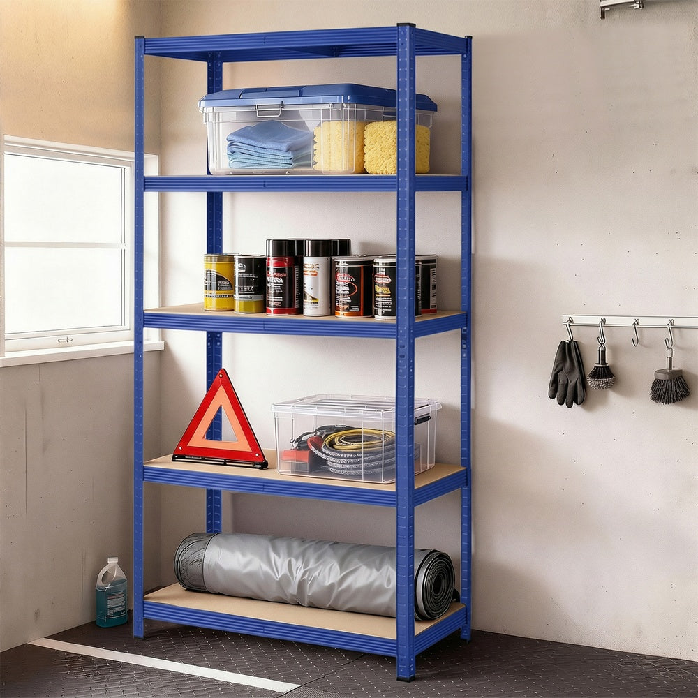 5-Tier Shelving Units Set of 2 - Power-Coated Steel Frame and MDF - Blue