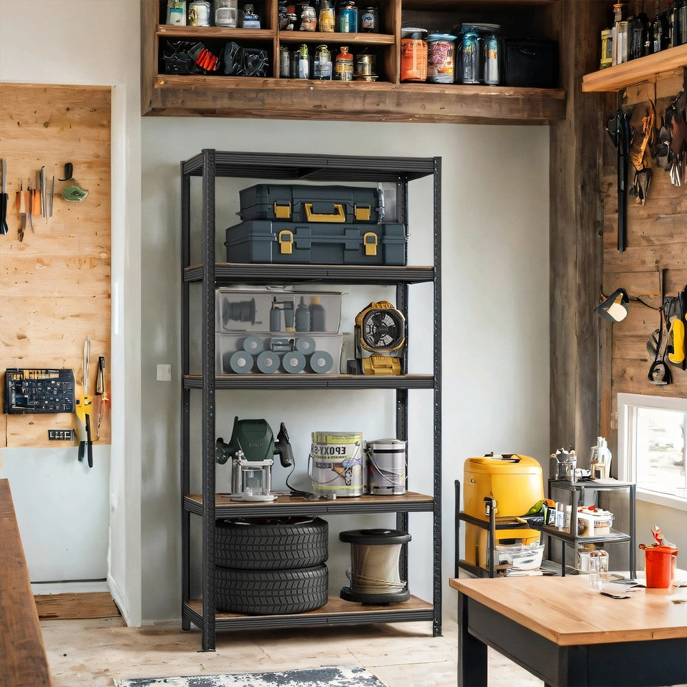 5-Tier Shelving Unit - Galvanised Steel Frame and MDF - Rustic Brown And Black