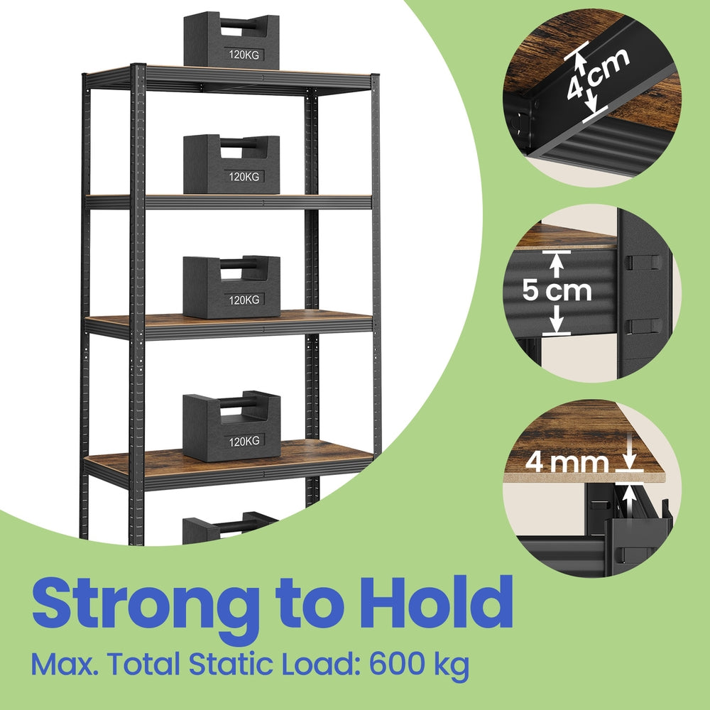 5-Tier Shelving Unit - Galvanised Steel Frame and MDF - Rustic Brown And Black
