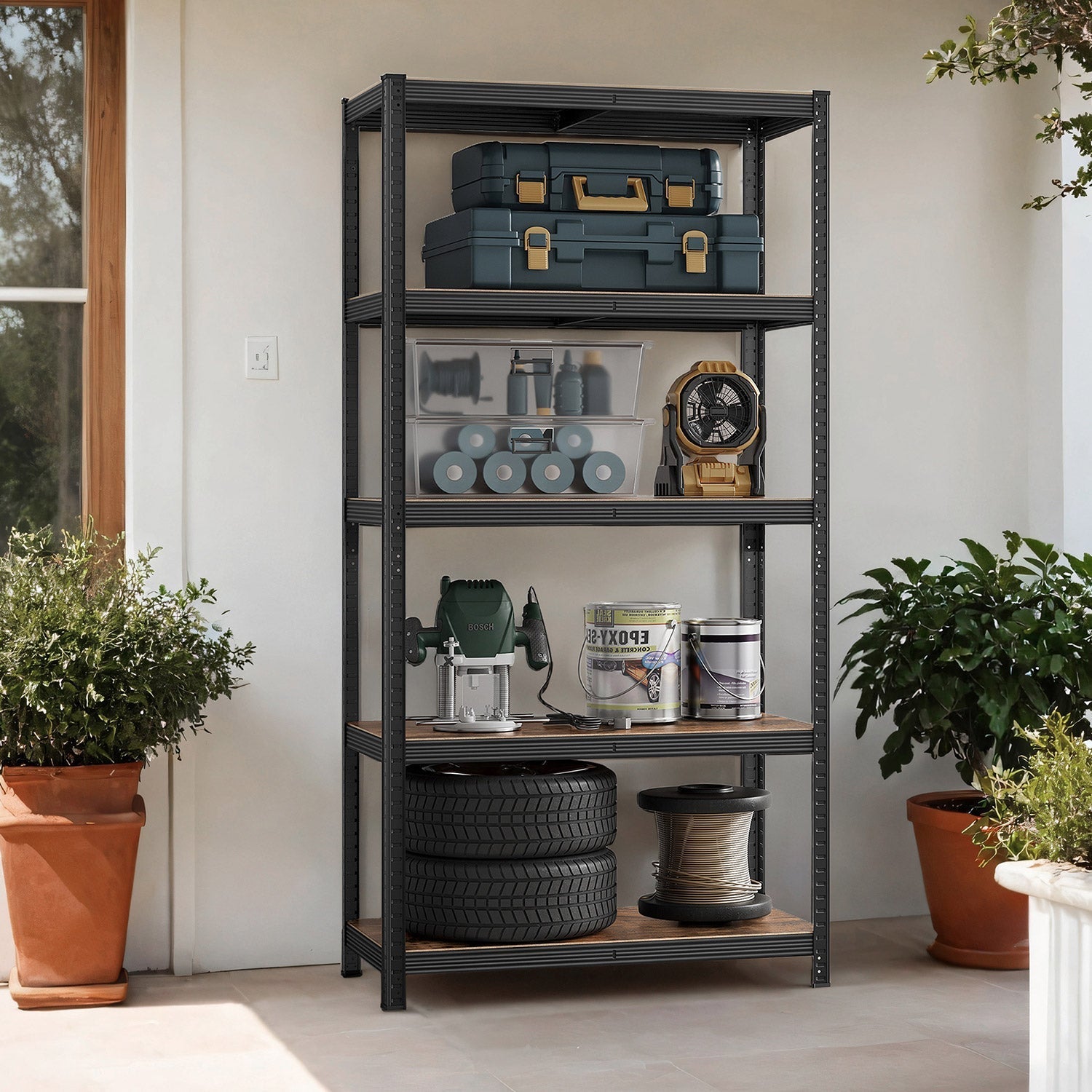 5-Tier Storage Shelving Unit - Metal - Brown and Black - Adjustable