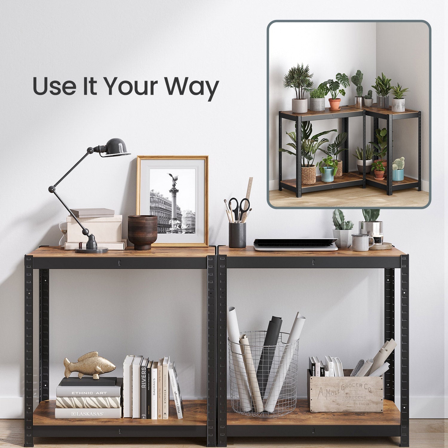 5-Tier Storage Shelving Unit - Metal - Brown and Black - Adjustable