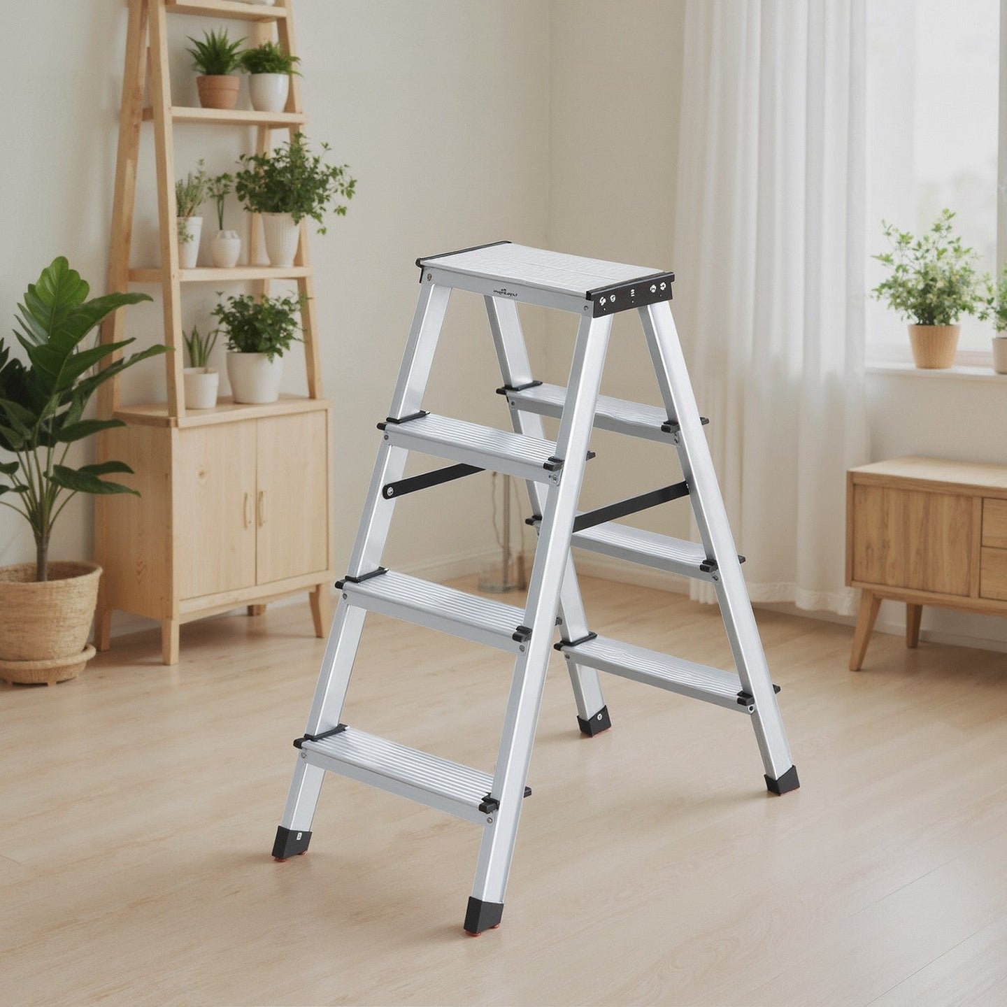 4-Step Ladder - Aluminium - Silver - Lightweight and Folding with Non-Slip Steps