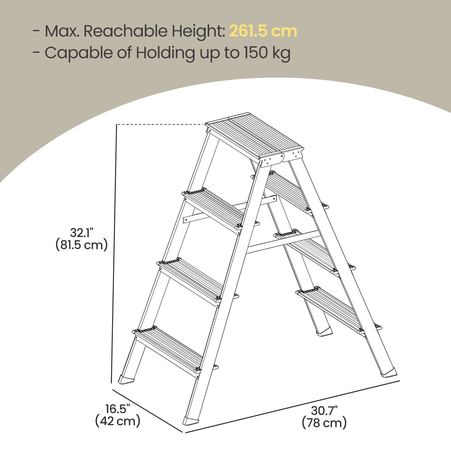 4-Step Ladder - Aluminium - Silver - Lightweight and Folding with Non-Slip Steps