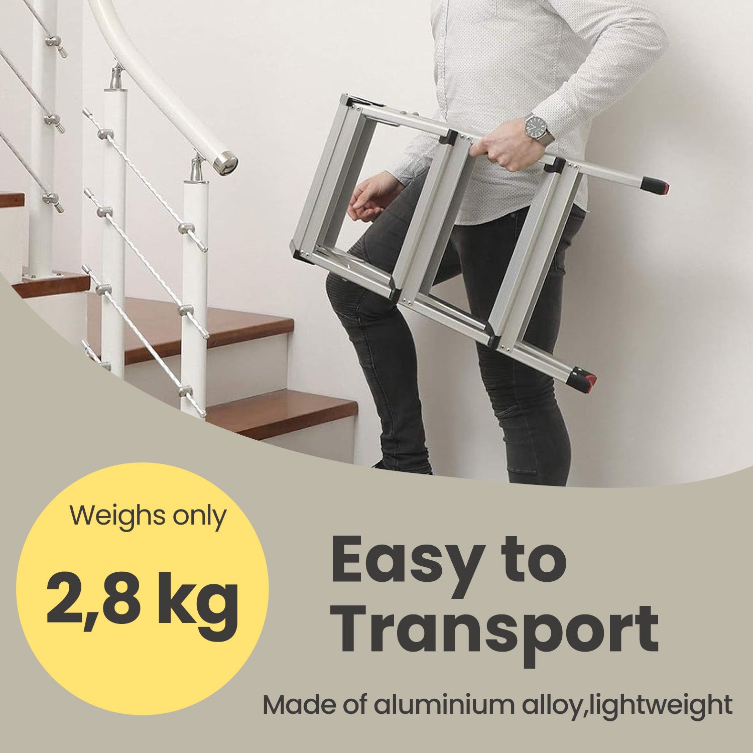 Ladder, 3 Step Aluminium Ladder - Aluminium Alloy and Plastic - Silver + Black Plastic Parts